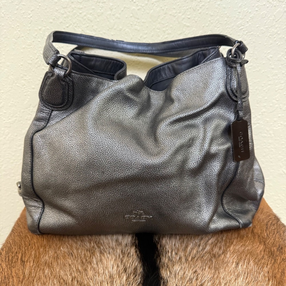 Coach Edie‎ 31 Pebbled Leather Metallic Gunmetal 36503 3 Compartment Turnlock